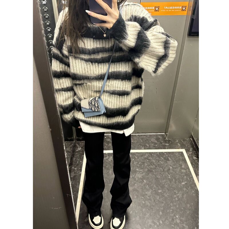 小眾不規則條紋針織衫秋冬洋氣ins慵懶打底衫毛衣牛仔褲三件套裝