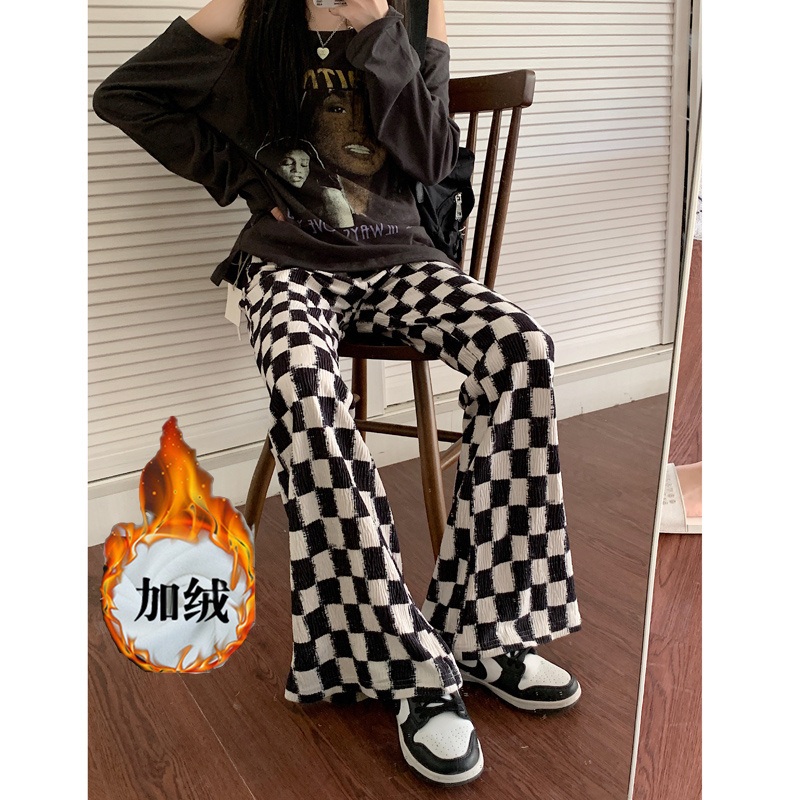 加絨加厚棋盤格拖地休閒褲女秋冬高腰直筒褲微喇叭褲子ins潮