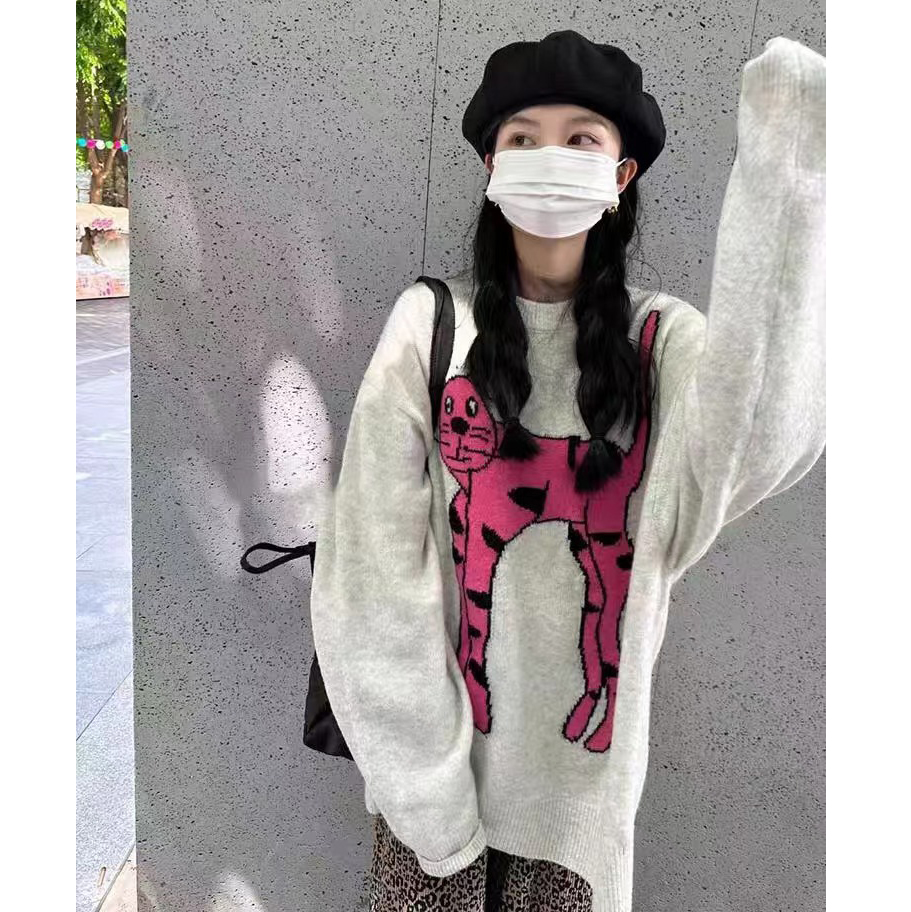 慵懶風毛衣女秋冬新款oversize趣味貓咪提花情侶針織衫上衣潮