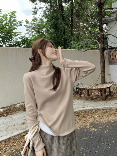 Real shot~Autumn and winter new Korean style simple half turtleneck plus velvet thickened pullover warm long-sleeved bottoming shirt