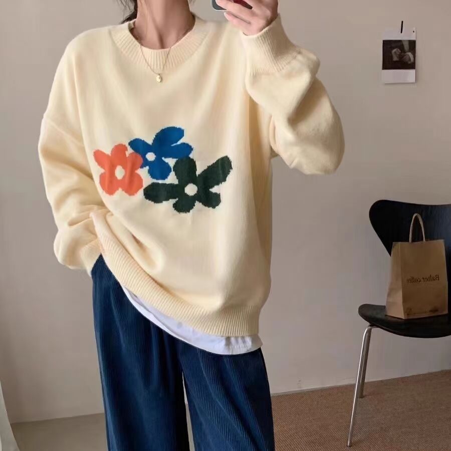 秋冬新款復古花朵圓領ins韓系高品寬鬆花朵針織衫套頭毛衣女