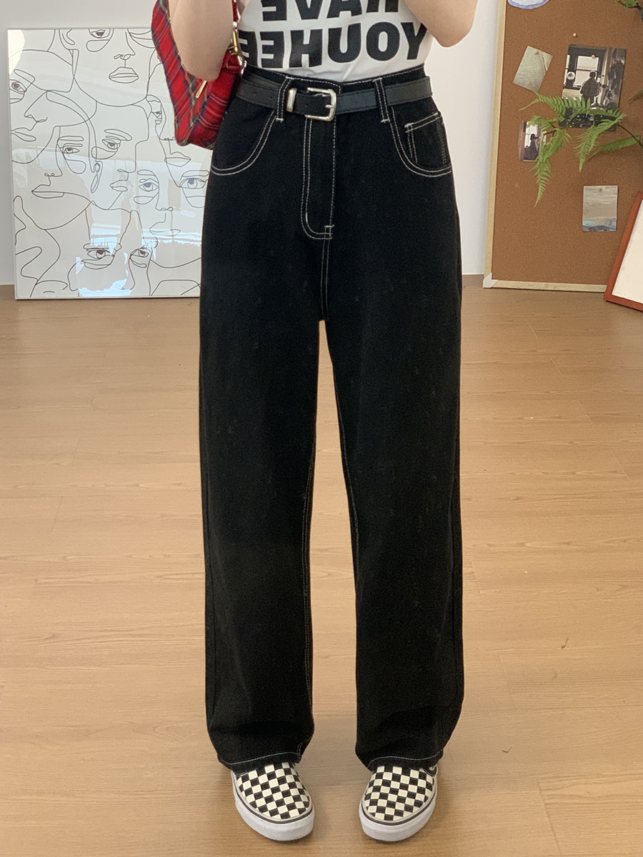 優質經典款復古基礎黑白純色高腰顯瘦明線裝飾直筒闊腿牛仔褲