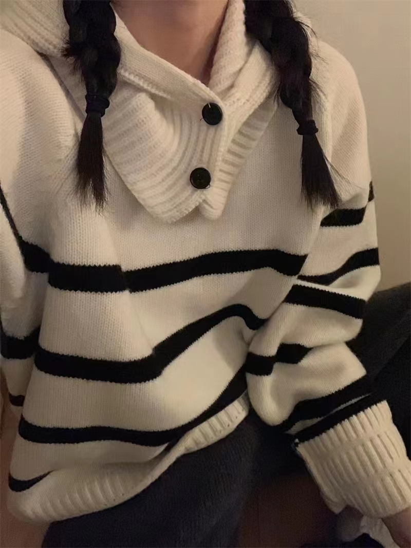 韓國2023秋冬新款洋氣減齡圓領圍脖帽子條紋羊毛針織衫寬鬆毛衣女