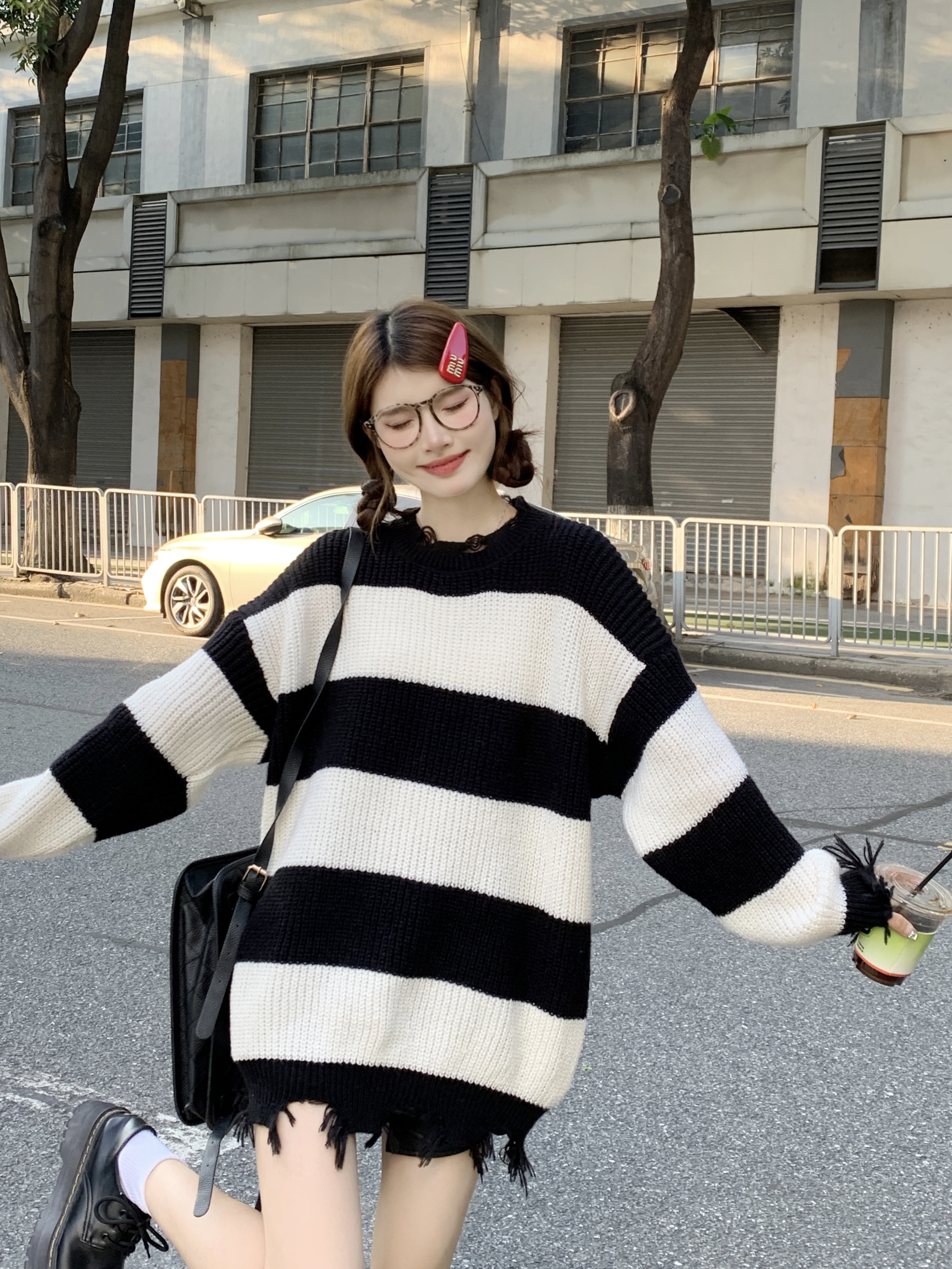 實拍 慵懶風毛衣女秋冬軟糯系寬鬆條紋套頭針織衫長袖上衣