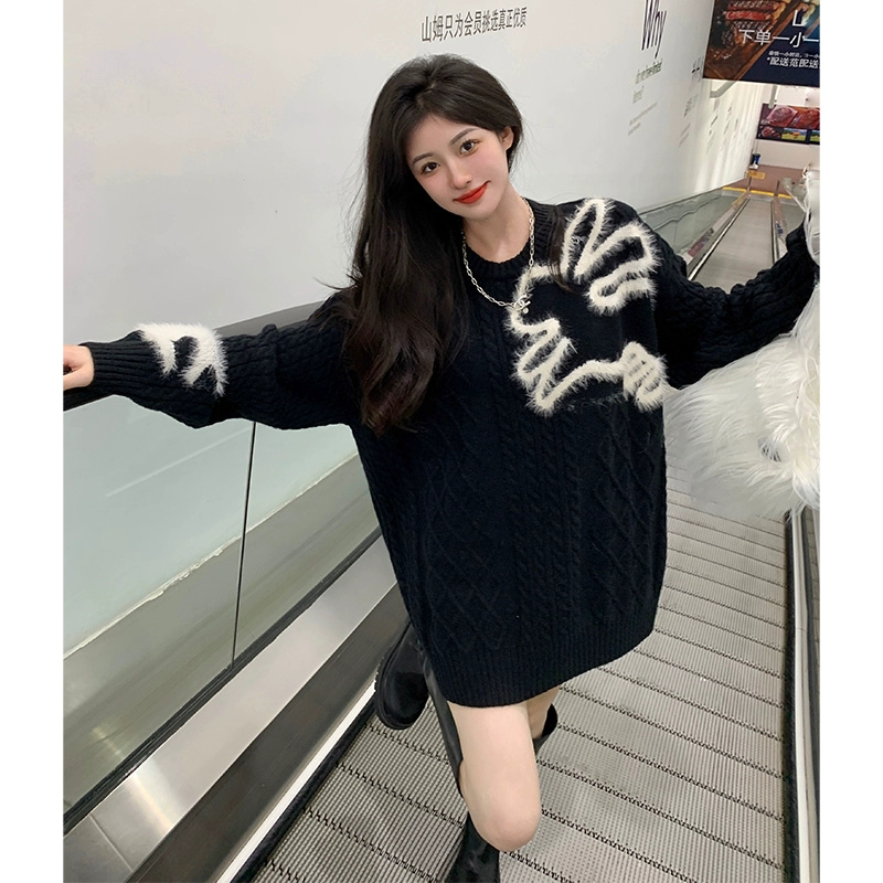優質慵懶軟糯麻花毛衣女秋冬毛毛拼接設計感寬鬆聖誕紅針織衫上衣