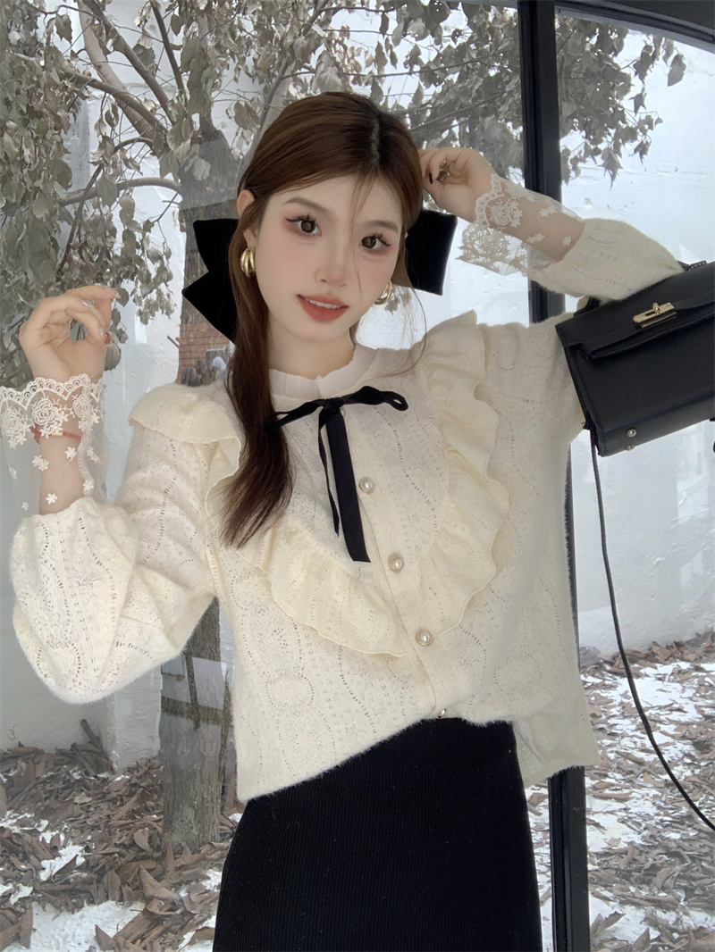 2023秋冬新款半立領 復古加絨襯衫女百搭內搭蕾絲衫上衣實拍