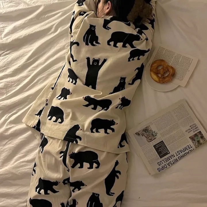 已保護~秋冬磨毛INS大熱復古小熊可愛長袖長褲睡衣套裝家居服卡通
