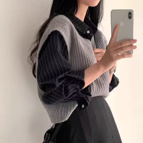 Korean chic autumn age-reducing retro niche design temperament versatile striped long-sleeved shirt women's button-down top