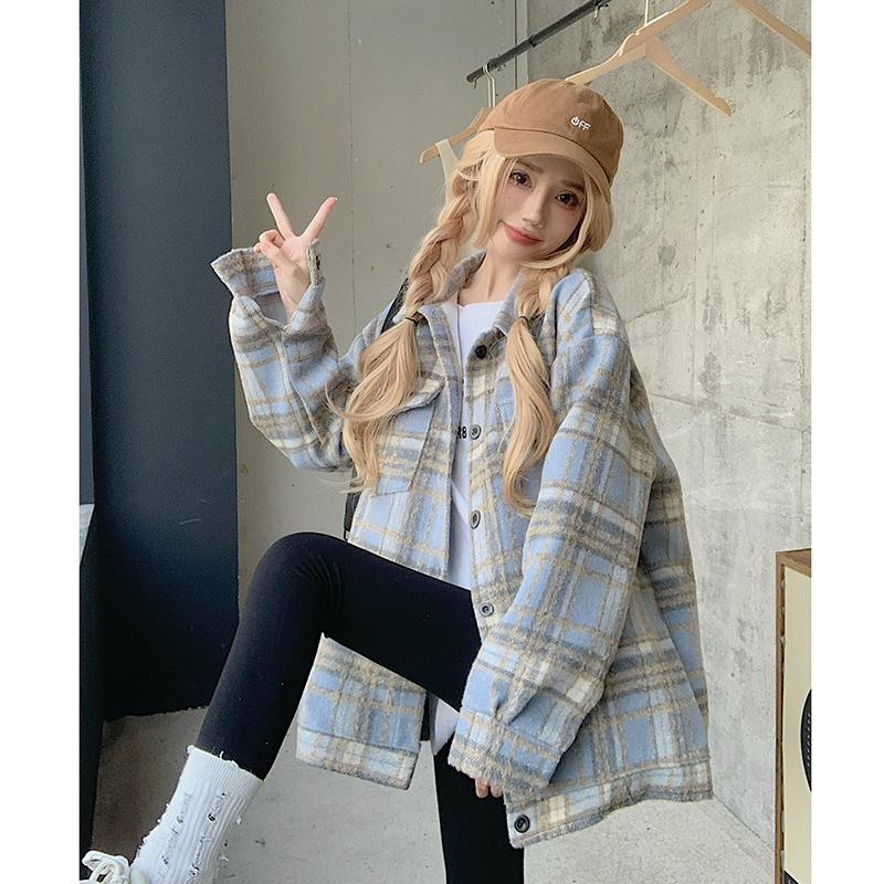 實拍  復古POLO領格子外套女冬季寬鬆夾棉毛呢開衫上衣