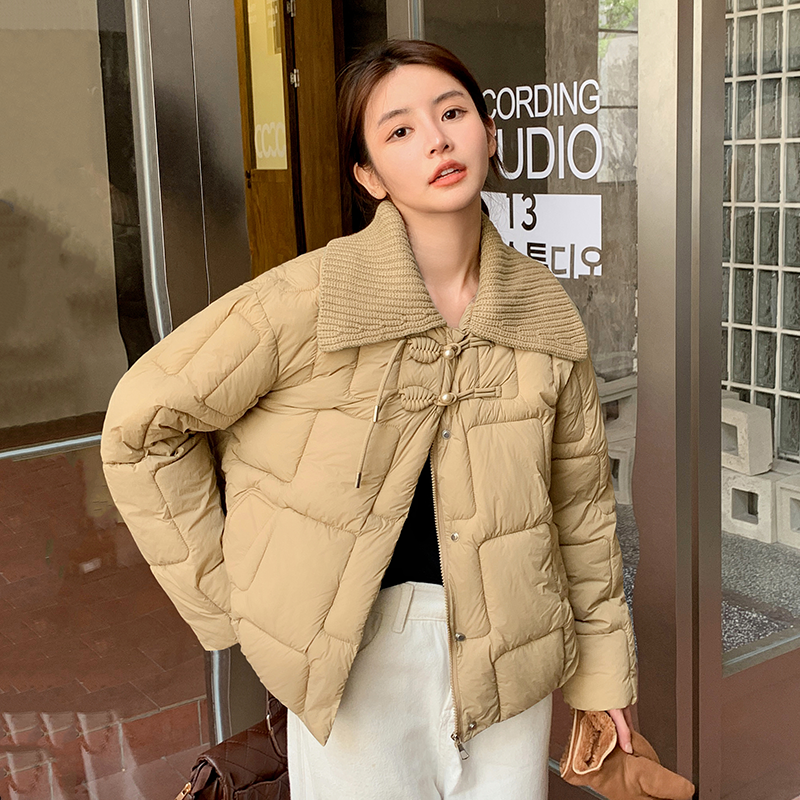 實拍 針織翻領羽絨棉服女短款小個子2023新款歐貨中式盤扣外套