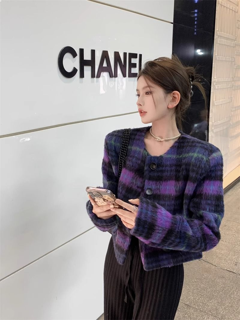 格紋短款毛呢外套女裝冬季2023新款法式復古紫色呢子寬鬆長袖上衣
