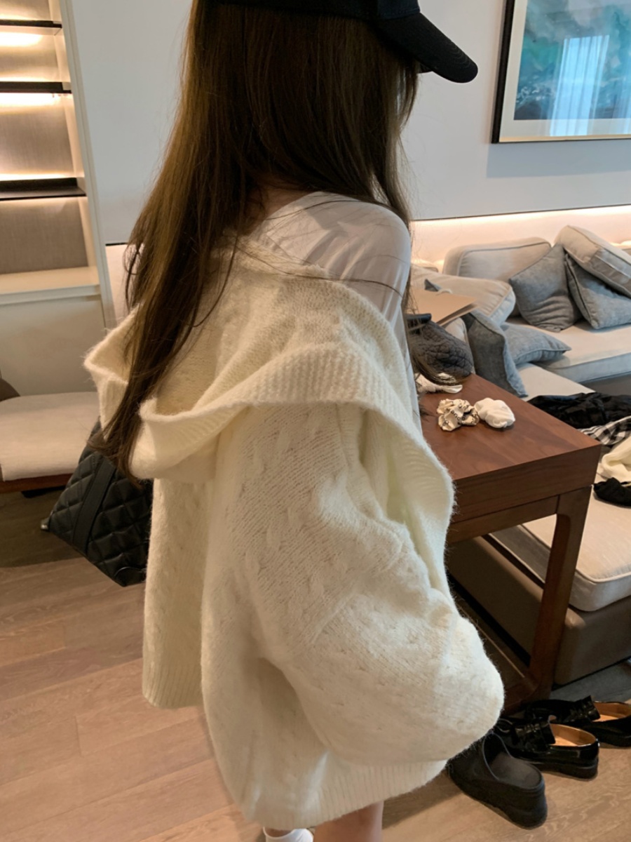 fancccy 連帽麻花針織開衫女2023秋冬新款慵懶寬鬆燈籠袖毛衣外套
