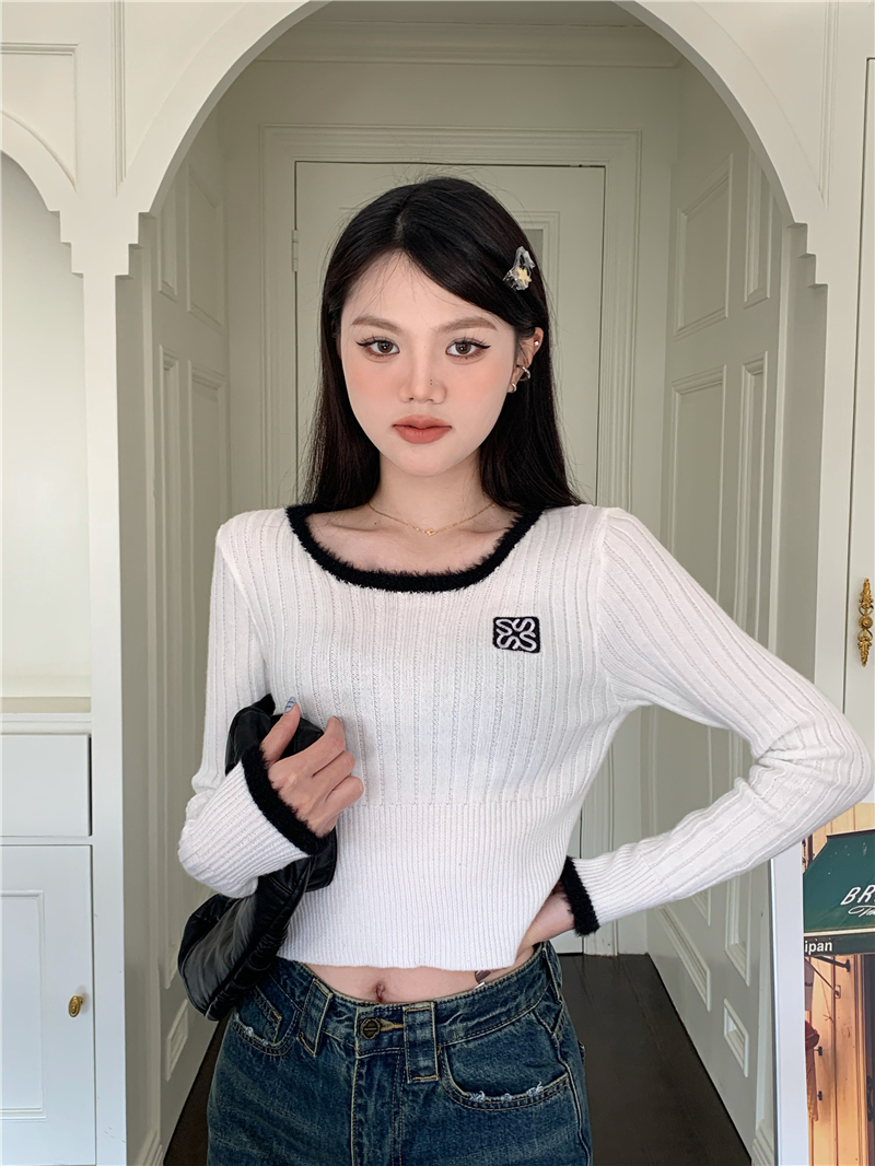 實拍 軟糯方領毛毛拼接上衣針織衫