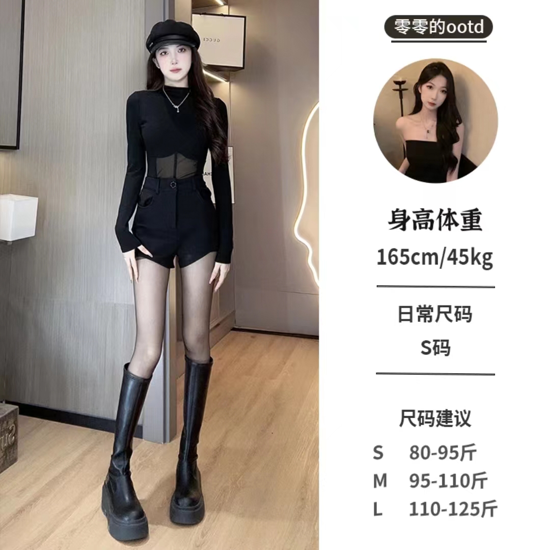 零零推薦性感辣妹顯瘦半高領長袖T恤女設計感百搭緊身網紗上衣