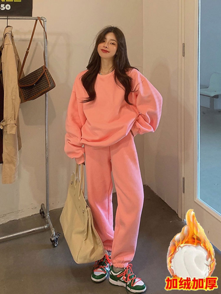 Sports autumn and winter suit for women petite sweatshirt plus velvet and thickened pure cotton loose casual two-piece running suit trendy