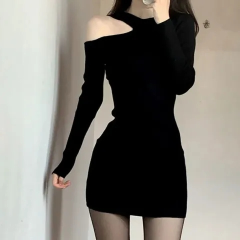 修身包臀裙露肩針織連衣裙春秋緊身女裝歐美辣妹裙子女純欲風甜辣
