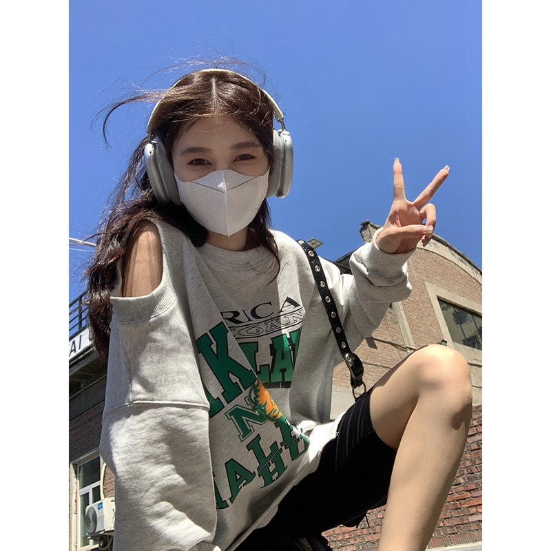 官圖 6535魚鱗 不規則露肩小心機印花衛衣女2023秋季新款
