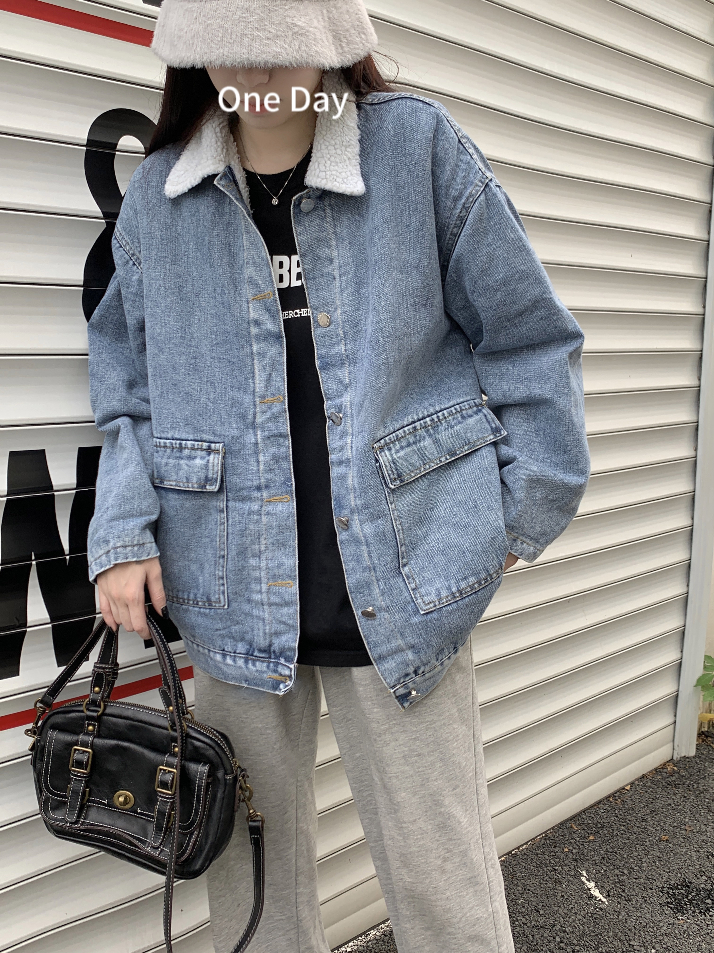 實拍！美式復古百搭羊羔毛翻領牛仔外套秋冬女加厚短款設計感