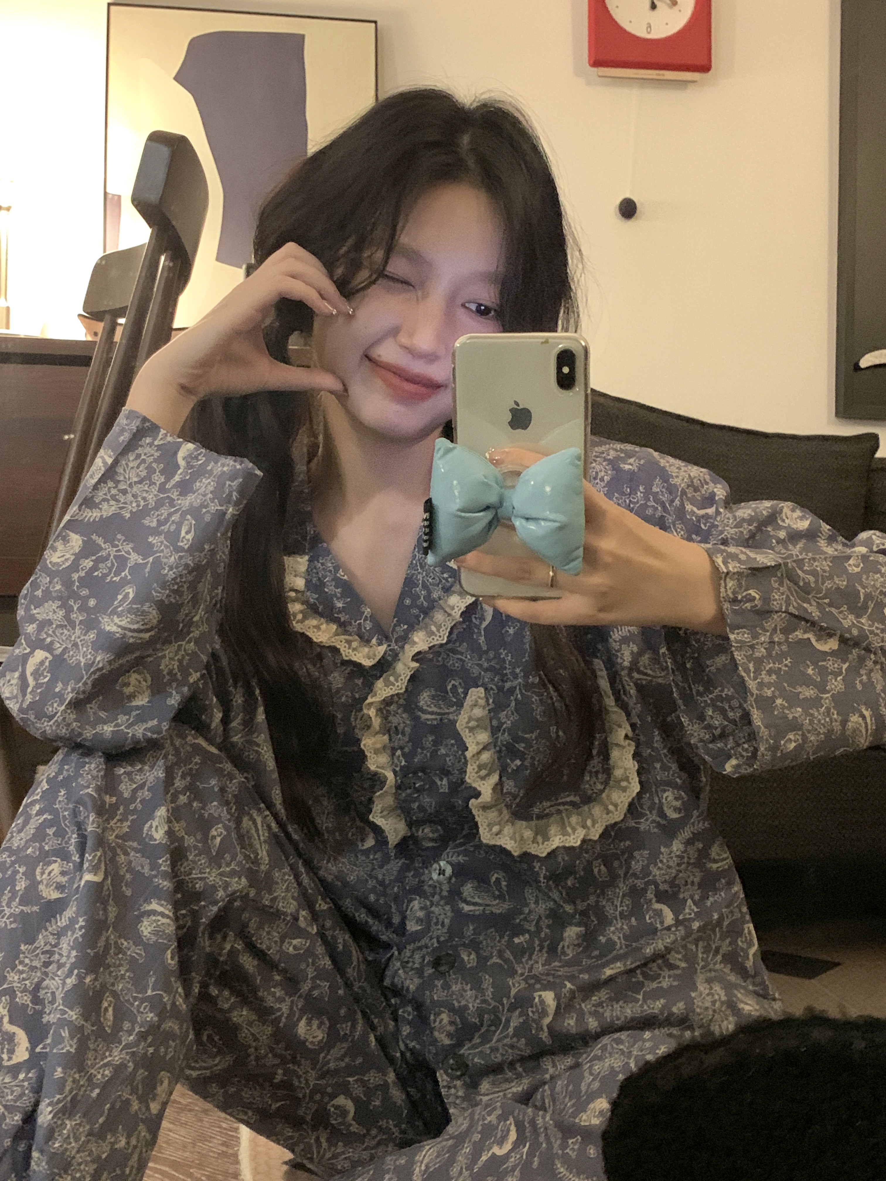 實拍韓版甜美蕾絲寬鬆全棉復古國風印花寬鬆舒適秋季家居服套