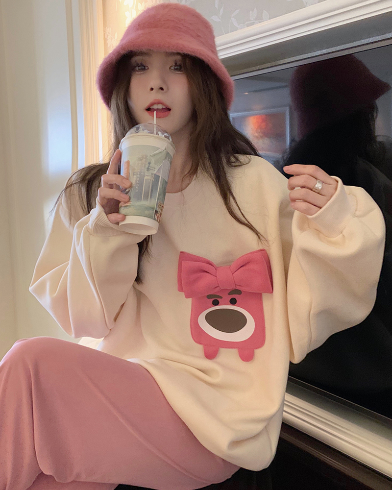 310g imitation cotton interwoven fabric, non-pilling, winter velvet sweatshirt for women, round neck print + bow, back strip