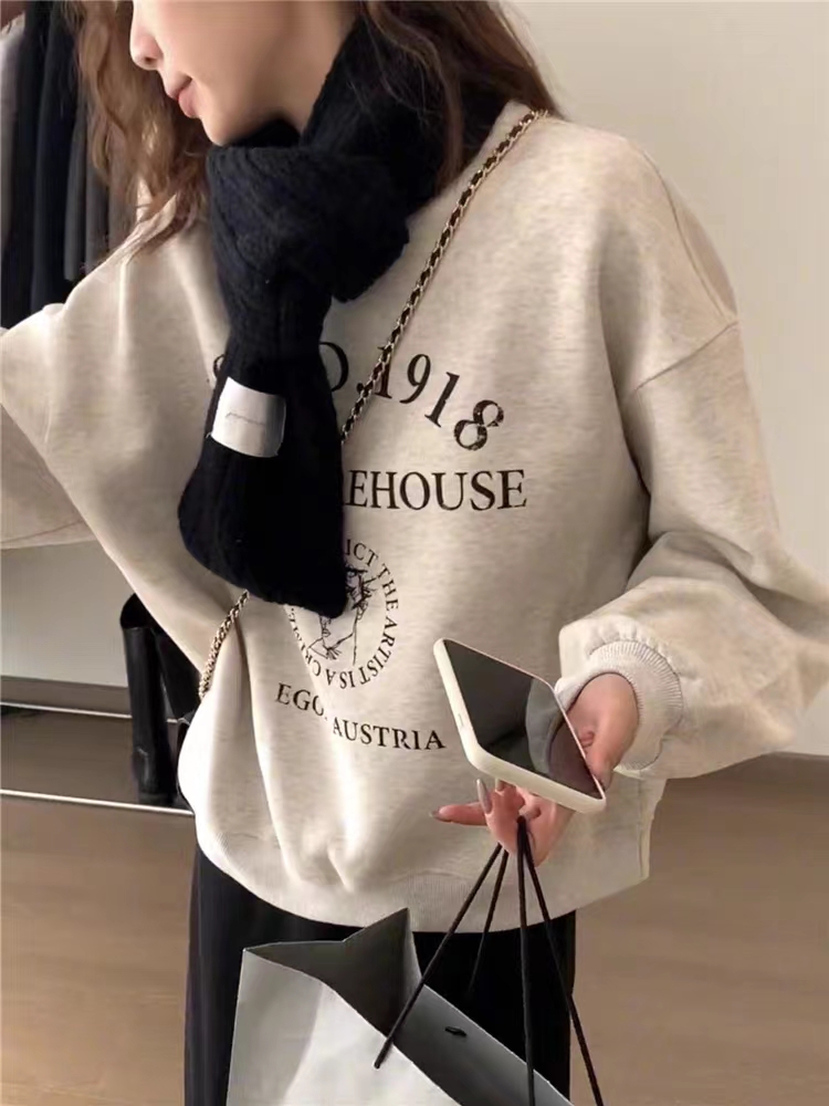 純棉複合 小個子短款衛衣女秋冬裝寬鬆慵懶風長袖圓領上衣