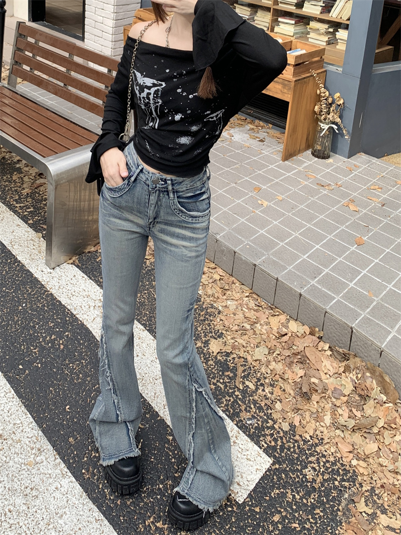 實拍！高腰牛仔褲復古微喇修身顯瘦毛邊拖地長褲子簡約寬鬆型
