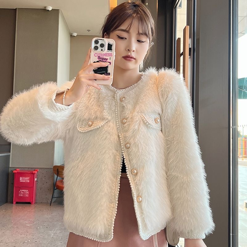 Imitation fox fur small fragrant style jacket for women, spring, autumn and winter, small, thickened, short, fur, one-piece, eco-friendly fur