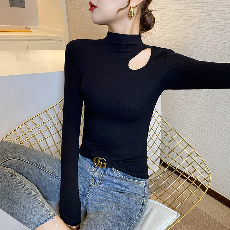 別致半高領長袖T恤女春裝設計感小眾內搭打底衫小上衣洋氣高級感