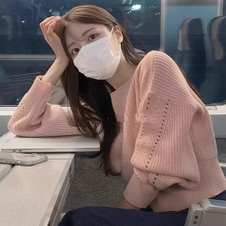 2023秋冬款韓版ins一字領鏤空甜美粉針織衫加厚保暖燈籠袖毛衣女