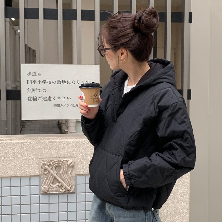 韓國chic秋冬保暖復古休閒寬鬆套頭連帽菱形格口袋棉衣棉服