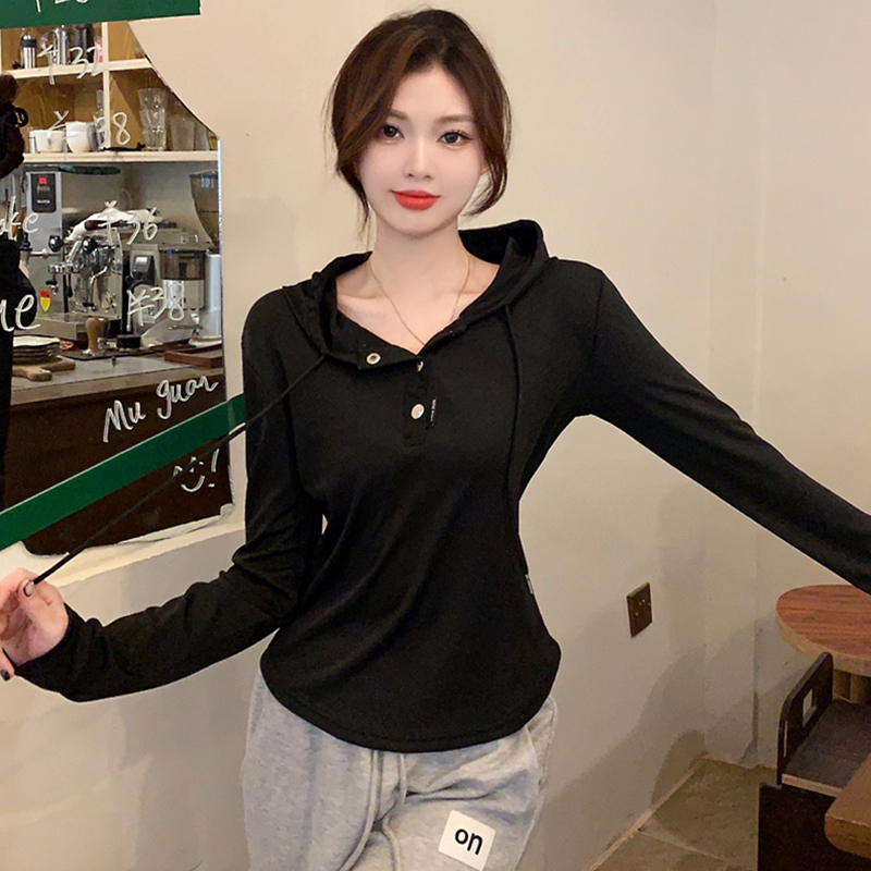 三色秋冬季新款女裝獨特别致時尚個性連帽套頭打底衫上衣
