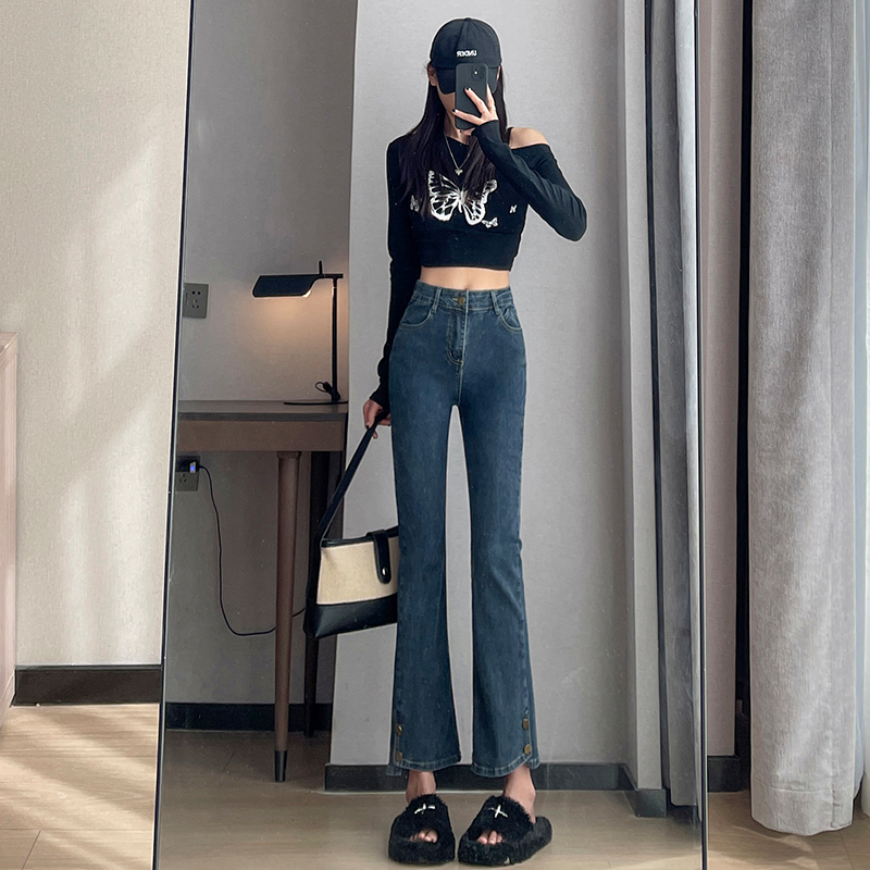 實拍2023秋冬牛仔褲女寬鬆高腰小直筒顯瘦老爹煙管褲九分褲