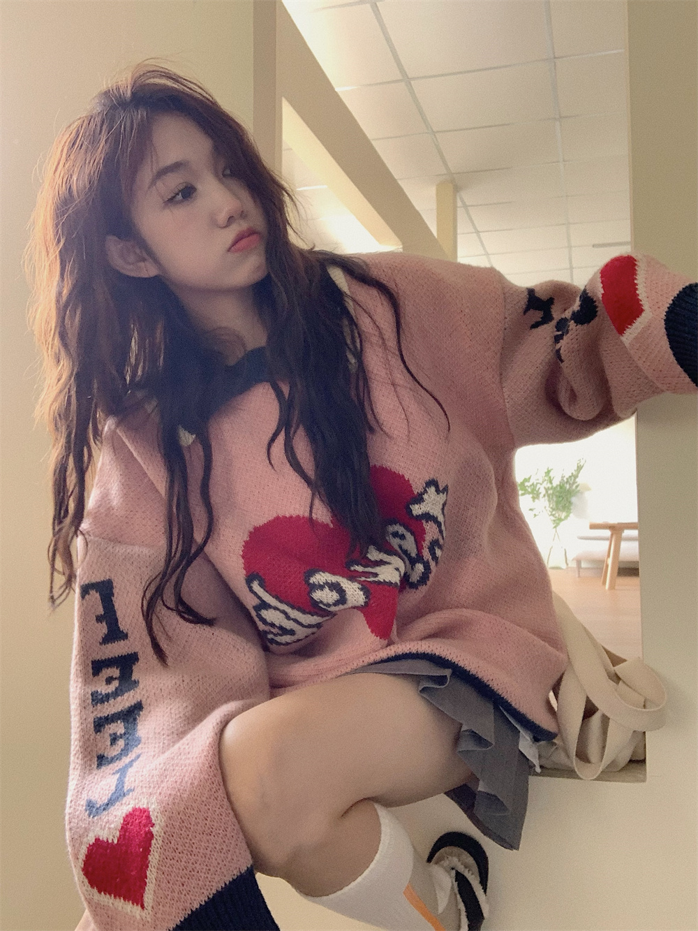 Real shot~Korean style fashionable American retro design love jacquard heavy knitted sweater for women