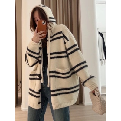 韓國秋冬新款條紋定製扣長袖鬆軟連帽開衫毛衣寬鬆顯瘦女
