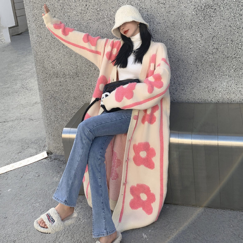 2023 autumn and winter Korean style ins long sweater jacket above the knee thickened design lazy loose knitted cardigan