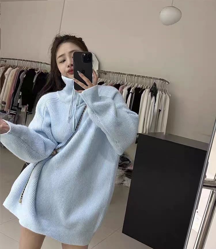 韓系慵懶風寬鬆顯瘦套頭毛衣女2023秋季新款立領拉鏈中長款針織衫