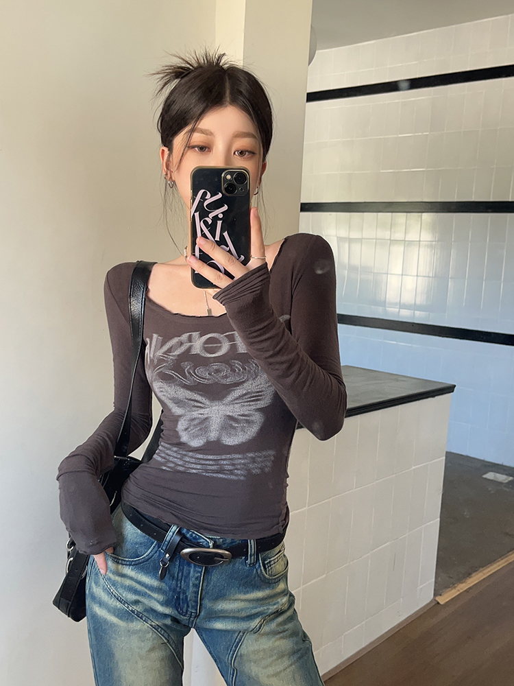 實拍美式復古針織長袖t恤女2023秋季新款圓領印花上衣打底衫