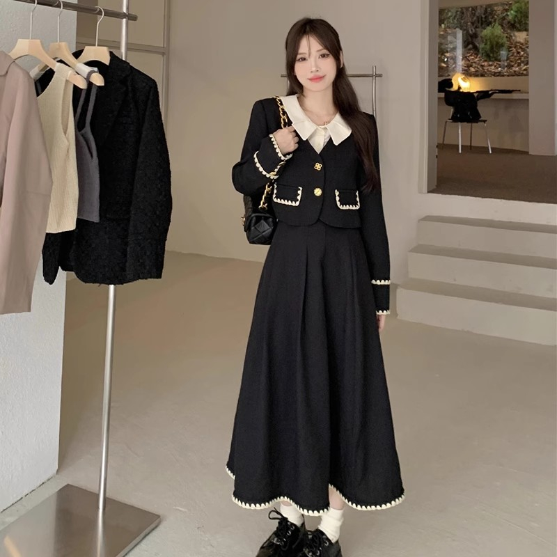 Black French retro skirt suit plus size women's fat mm short thickened jacket autumn and winter matching complete set