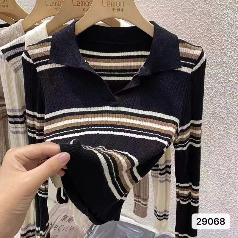 polo領條紋長袖針織衫女秋季2023新款內搭打底衫翻領修身短款上衣