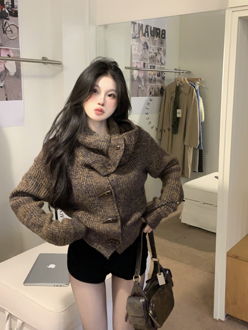 實拍 慵懶風翻領毛衣針織衫外套牛角扣毛線衣開衫女