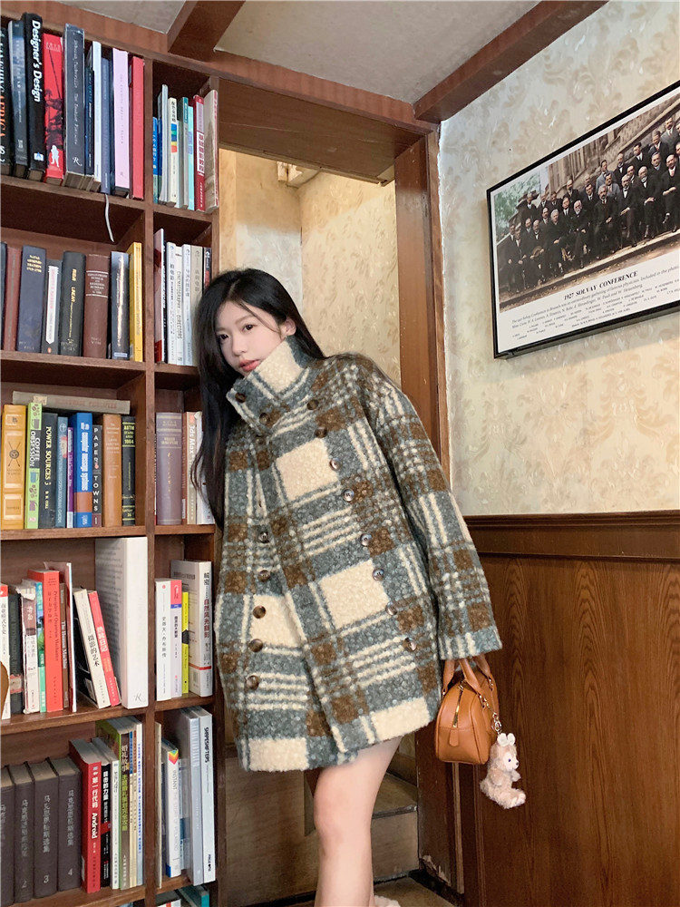 實拍~初雪藍精靈復古設計感格紋短款毛呢外套女加厚呢大衣