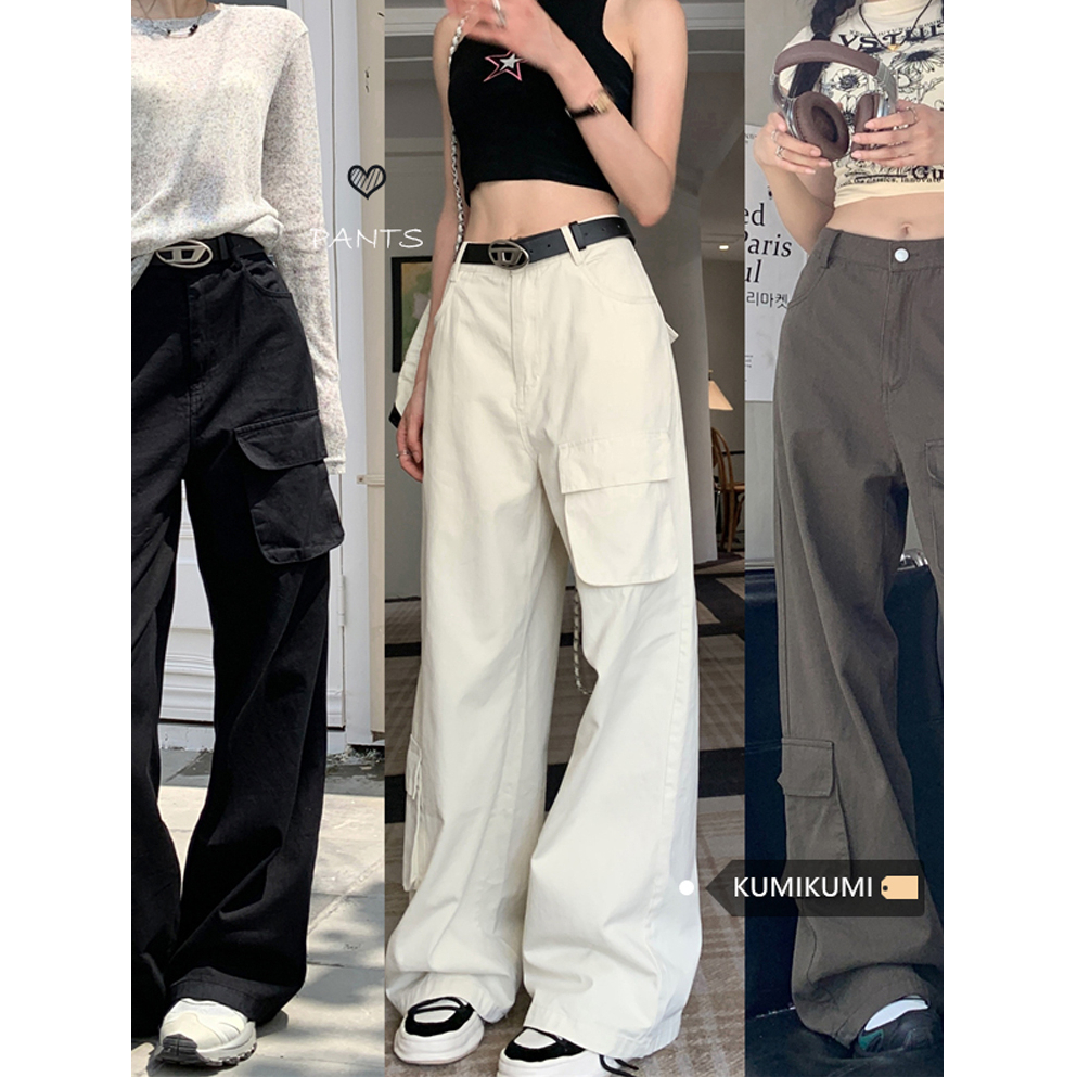 American overalls, casual pants, women's autumn high-waisted, slim and drapey floor-length wide-leg pants, trendy long pants