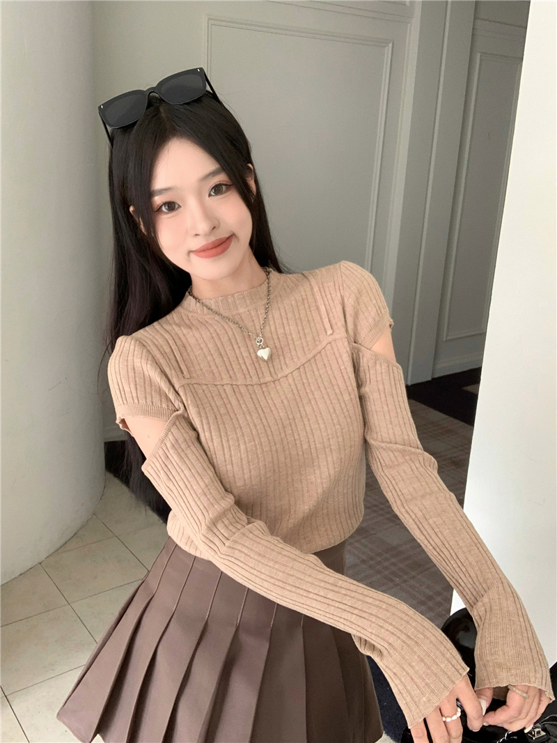 實拍 設計感鏤空長袖半高領針織衫女小眾修身顯瘦打底衫上衣