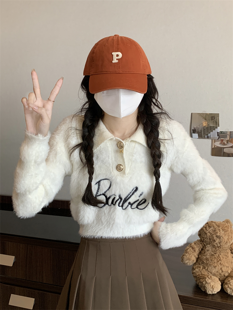 實拍  polo領辣妹短款毛衣秋冬顯瘦可鹽可甜條紋針織上衣女
