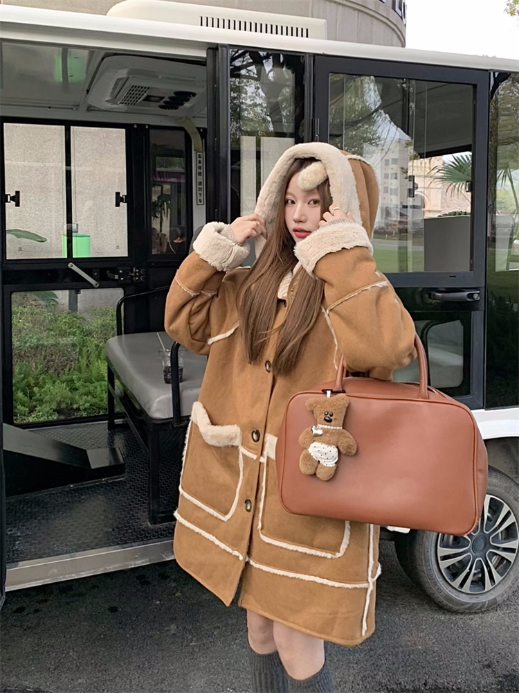 實拍！羊羔毛皮毛一體棉服外套女冬季保暖美拉德寬鬆中長款棉衣
