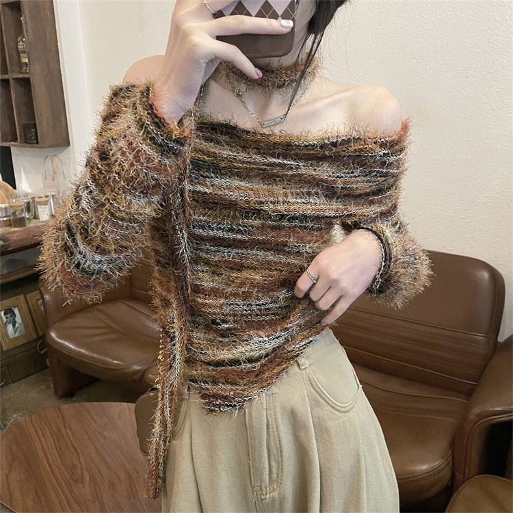 實拍復古撞色一字肩長袖針織衫女辣妹修身短款不規則上衣