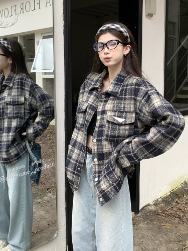 Real shot ~ Large size fat mm American retro plaid jacket for women loose and versatile lapel plaid jacket top