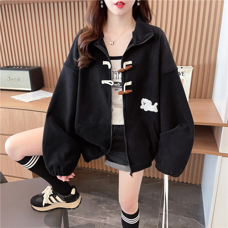 實拍 加絨寬鬆連帽棒球服外套女秋冬小眾撞色拼接卡通刺繡開衫