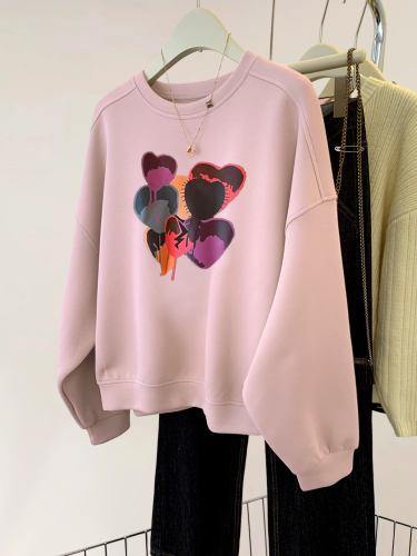 Pink love printed velvet thickened sweatshirt for women autumn and winter  new style lazy style European round neck top