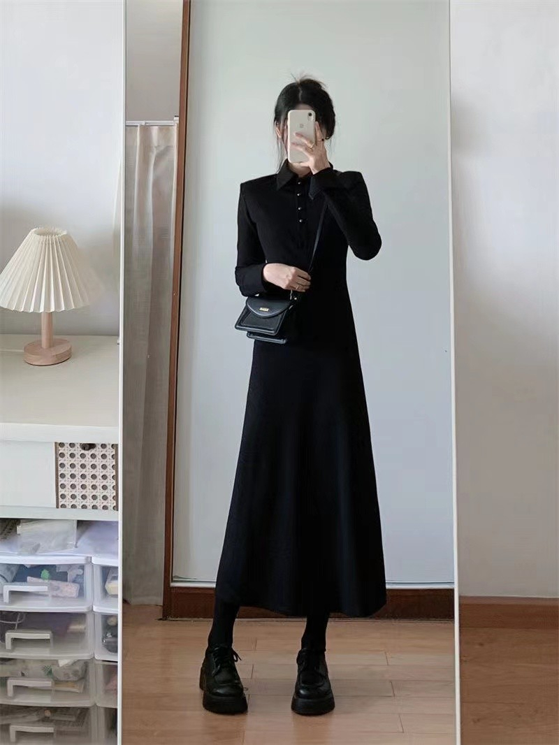 黑色長袖襯衫連衣裙子女2023新款早秋季法式赫本風高級感穿搭長裙